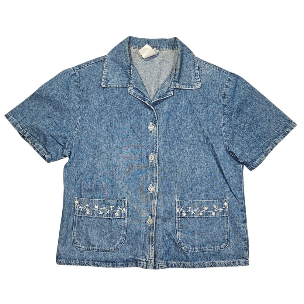 Vintage BTB Womens Small Denim Top Short Sleeve Floral Embroidered Button Shirt
